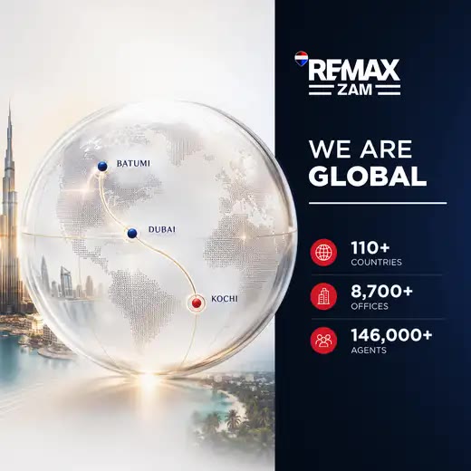 REMAX ZAM global network: Batumi, Dubai and Kochi marked on a globe